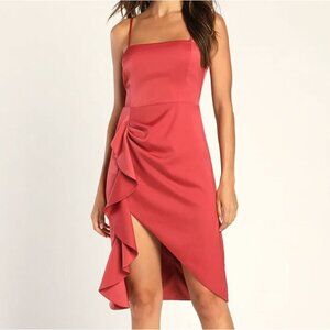 Lulus Like What You See Rose Satin Asymmetrical Ruffled Midi Dress Size XL